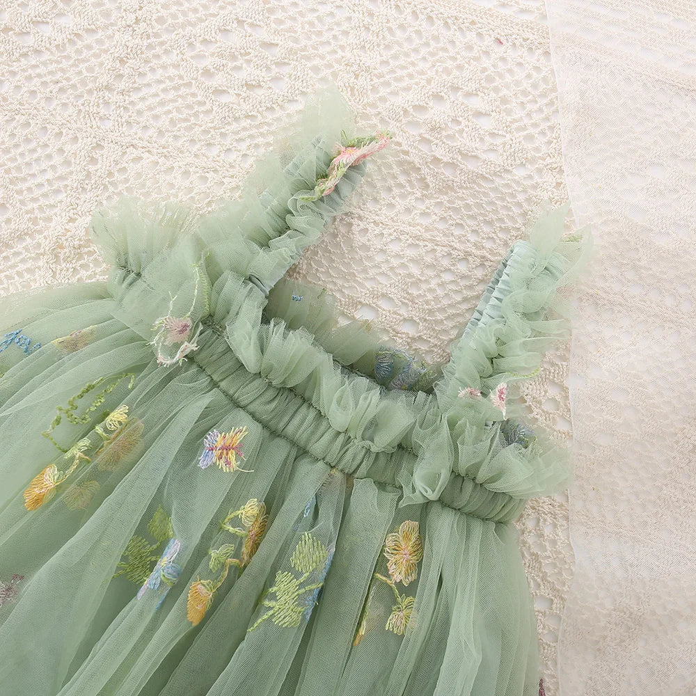 Fairy princess toddler girls tutu dress with mesh bow, fuffy tulle skirt, and embroidered flowers, summer party dress for baby girls
