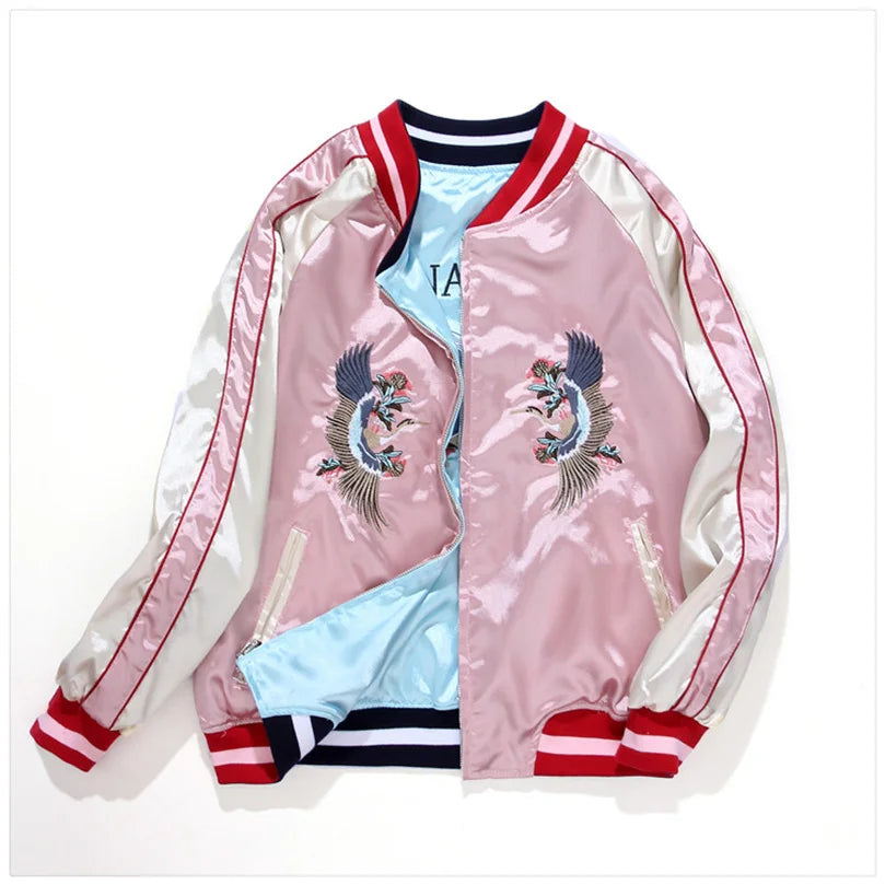 Pink side of double-sided satin Sukajan bomber jacket