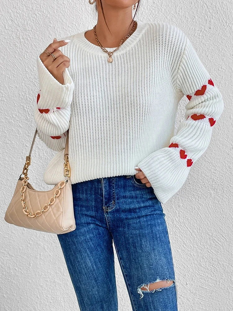 Women’s white knitted sweater with red heart sleeves, round neck solid color pullover, elegant long sleeve knit top