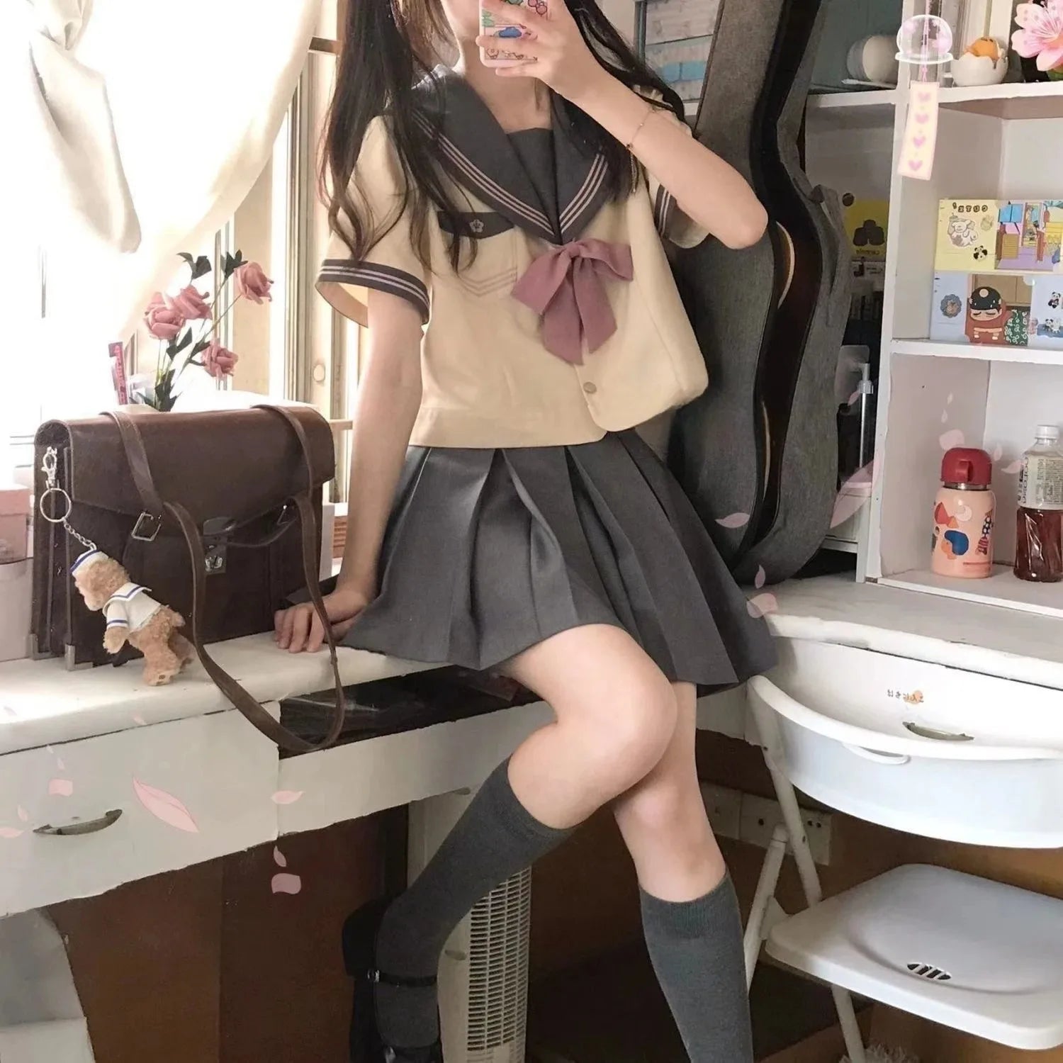 Japanese school uniform JK style set with bow top and pleated skirt for women in plus sizes