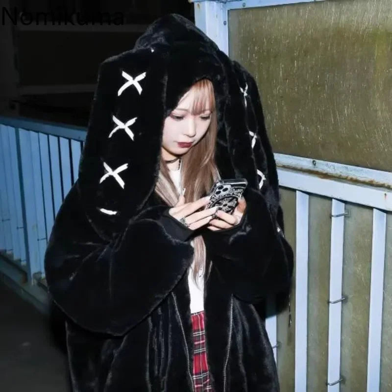Black Harajuku rabbit-ear jacket for women, oversized Y2K furry coat