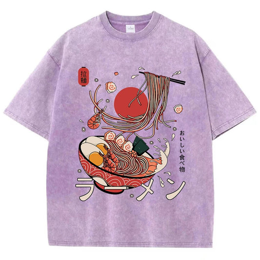 Washed color ramen shirt Japanese vintage graphic t-shirt unisex