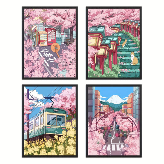 Japanese Cherry Blossom Anime Wall Art Poster – Pink Sakura Canvas Print for Modern Living Room Decor (Unframed)