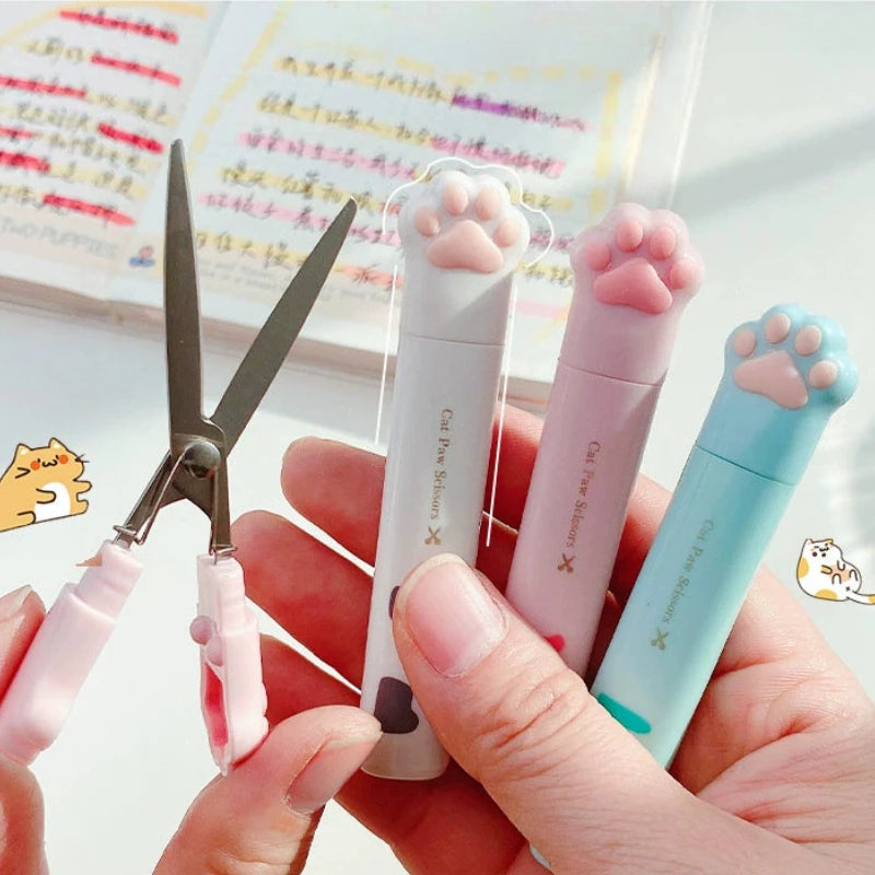 Kawaii cat paw mini scissors with protective cover for stationery and crafts