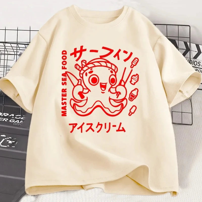 Japanese Octopus Graphic T-Shirt Front View – Y2K Kawaii Unisex Tee