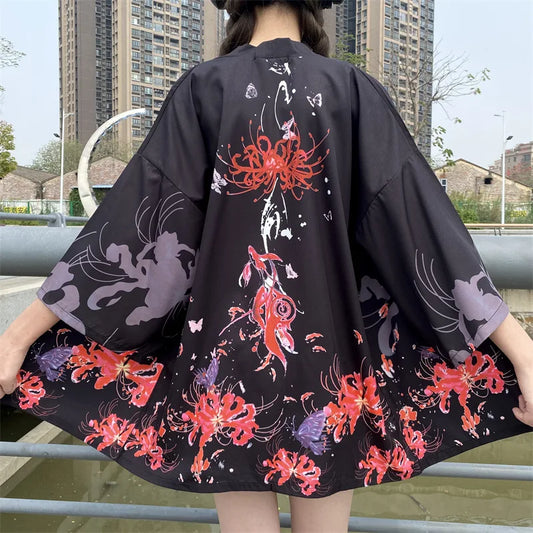 Japanese Flower Print Haori – Elegant Traditional Kimono Cardigan