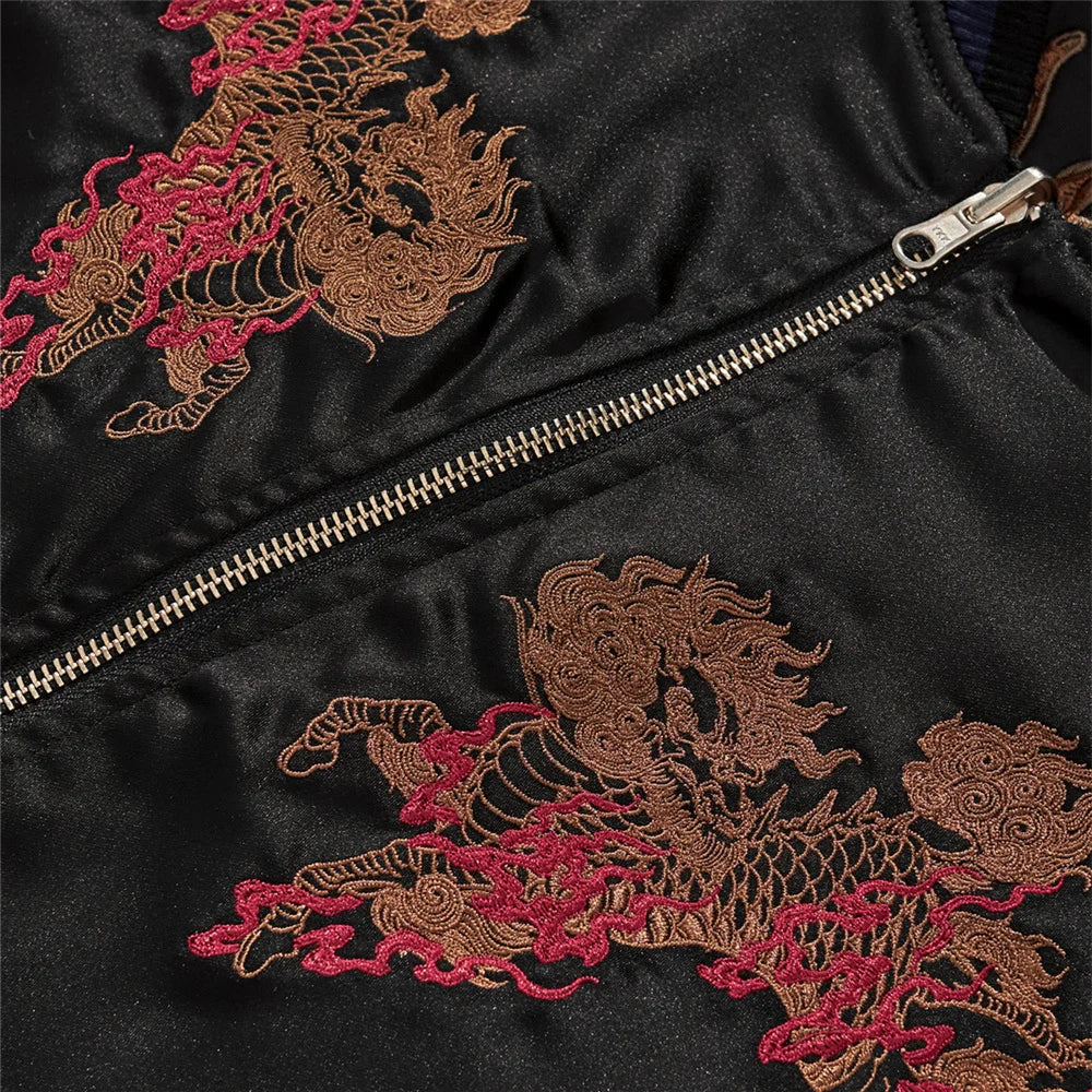 Japanese Dragon Embroidered Jacket | Unisex Streetwear Bomber | Retro Sukajan Style