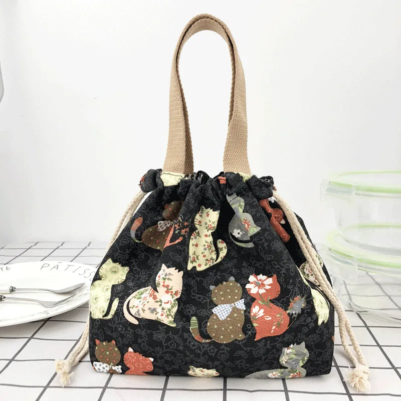Japanese Cute Bento Bag Tote – Canvas Drawstring Lunch Bag with Multiple Designs | Reusable Eco-Friendly Lunch Tote for Kids & Adults