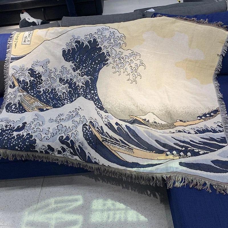 Japanese Wave Throw Blanket with Tassels – Perfect Accent for Sofa or Bed