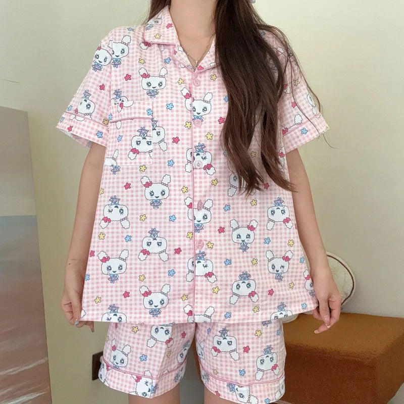 Women's Kawaii Tamagotchi Pajama Set with short sleeve top and shorts