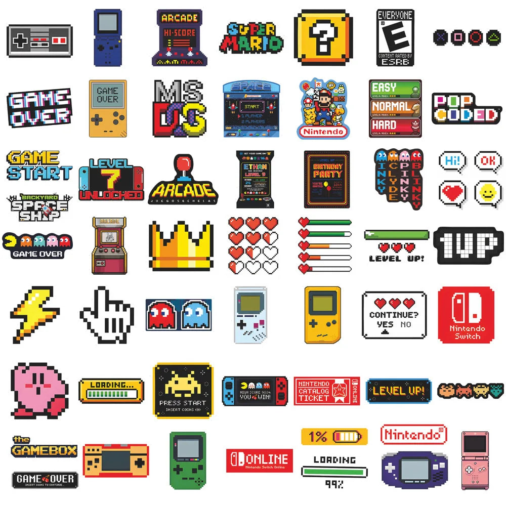 50PCS Retro Gaming Stickers Pack | Classic Game Console & Cartoon Decals for Laptop, Skateboard, Car, Motorcycle, Helmet, Water Bottle | Gamer Aesthetic Vinyl Stickers