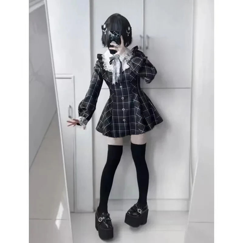 Harajuku Kawaii Black Plaid Dress for Women – Sweet Bow, Slim Fit, Long Sleeve Lolita Dress