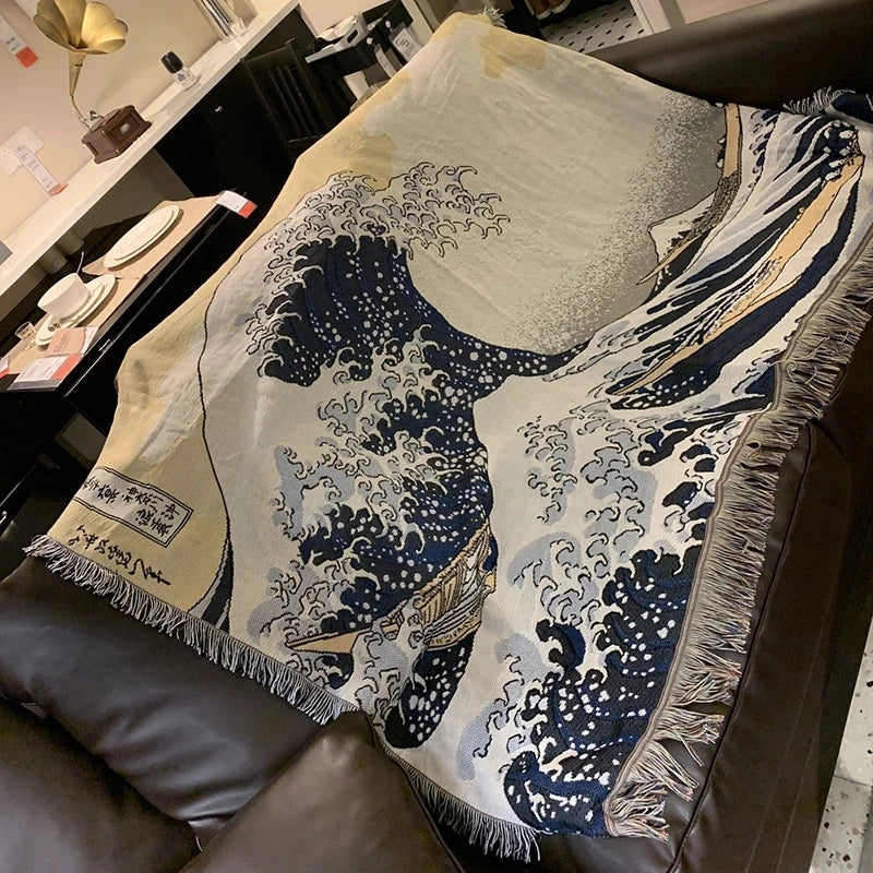 Japanese Wave Throw Blanket with Tassels – Perfect Accent for Sofa or Bed