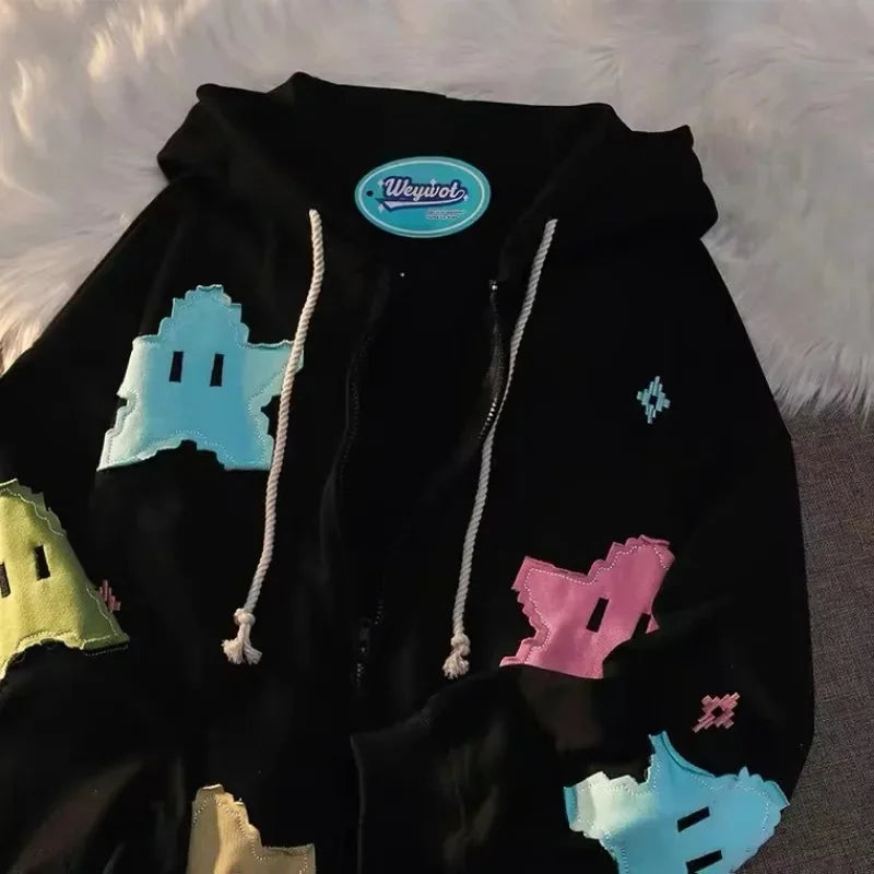 Kawaii Star Patch Oversized Zip-Up Hoodie – Pink Harajuku Y2K Streetwear