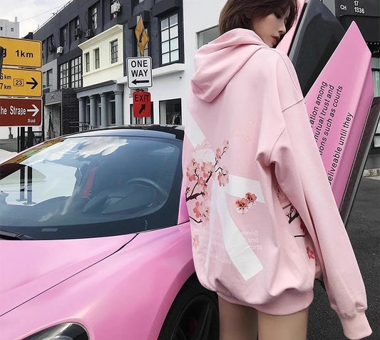Sakura Hoodie Y2K Oversized Sweatshirt – Unisex Hip Hop Streetwear Hoodie with Sakura Print and Bold Letters for Men & Women
