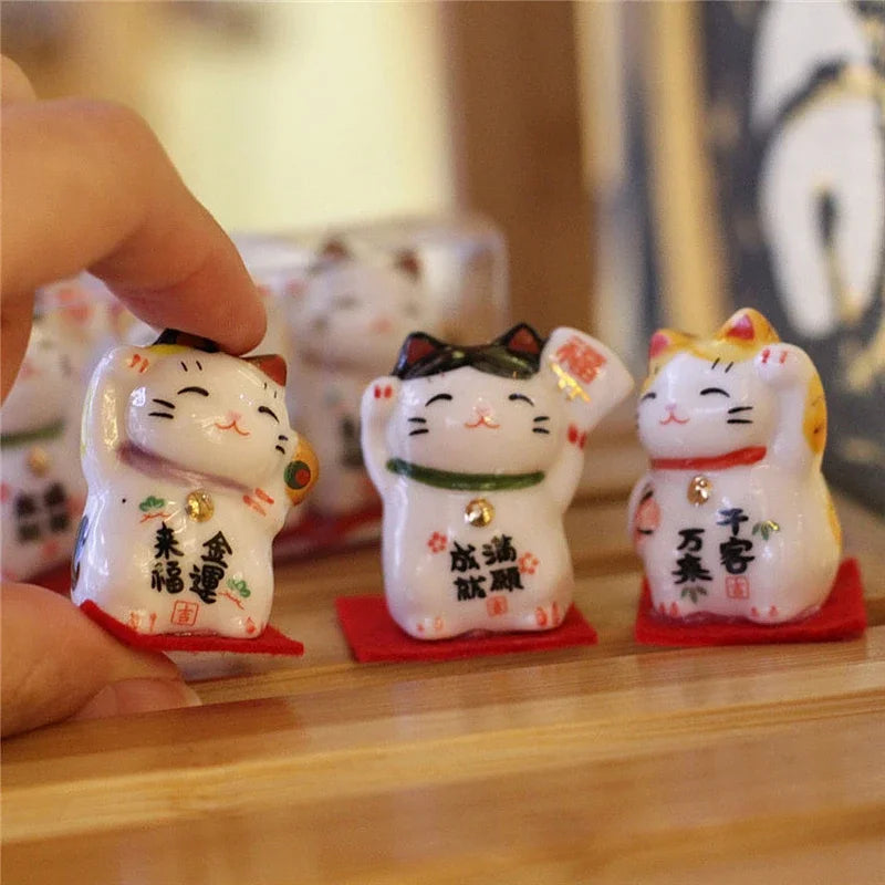 3pcs mini Japanese Maneki Neko lucky cat ceramic figurines set for home decor
