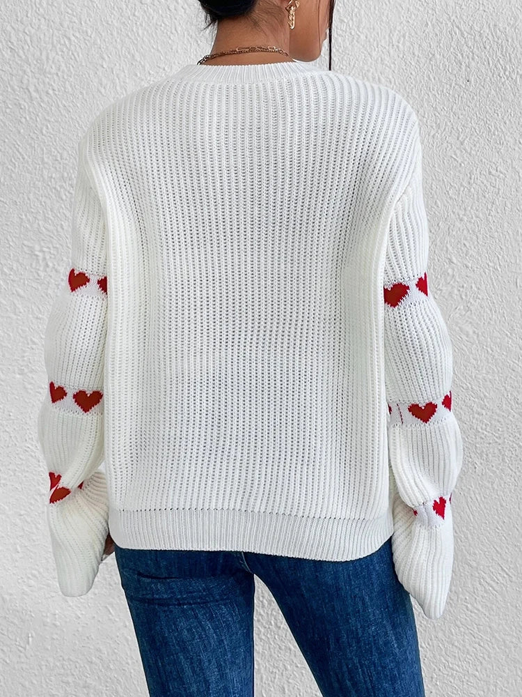Women’s white knitted sweater with red heart sleeves, round neck solid color pullover, elegant long sleeve knit top