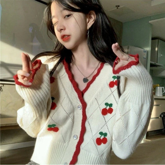 Women's cherry knit cardigan front view