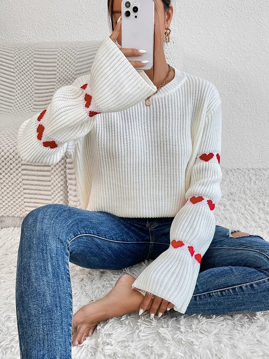 Women’s white knitted sweater with red heart sleeves, round neck solid color pullover, elegant long sleeve knit top