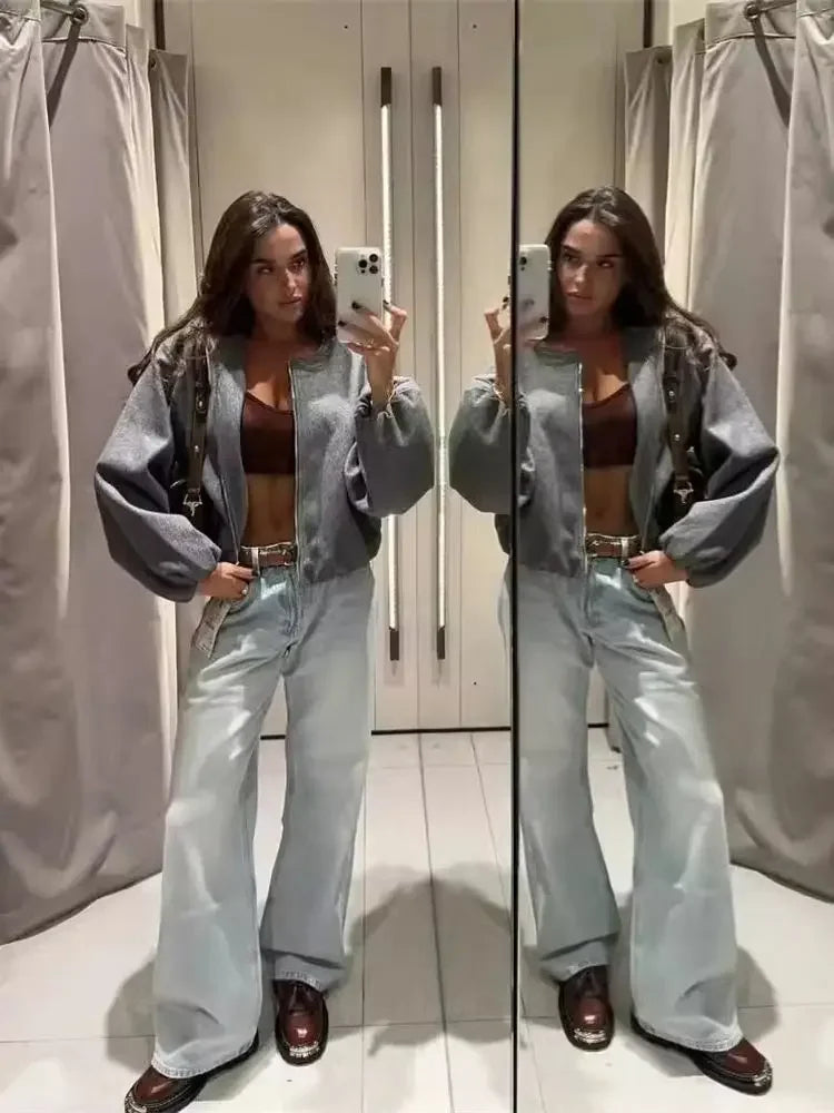 Women’s Retro Bomber Jacket – Soft Zipper Coat with Elastic Hem | Autumn Winter Long Sleeve Fashion Jacket