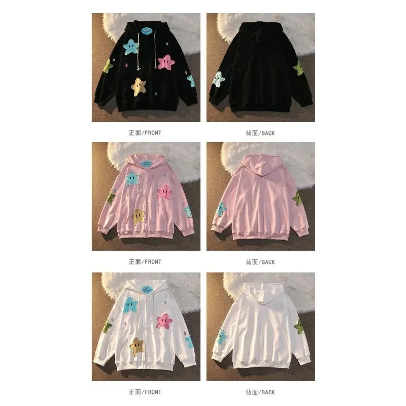 Kawaii Star Patch Oversized Zip-Up Hoodie – Pink Harajuku Y2K Streetwear