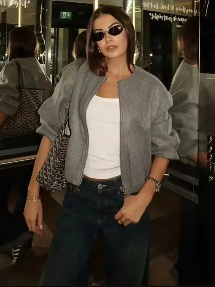 Women’s Retro Bomber Jacket – Soft Zipper Coat with Elastic Hem | Autumn Winter Long Sleeve Fashion Jacket