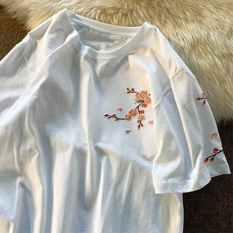 Aesthetic Japan Cherry Blossom Embroidery T-Shirt Women Girls | Sakura Cotton Loose Casual Summer Tee Top