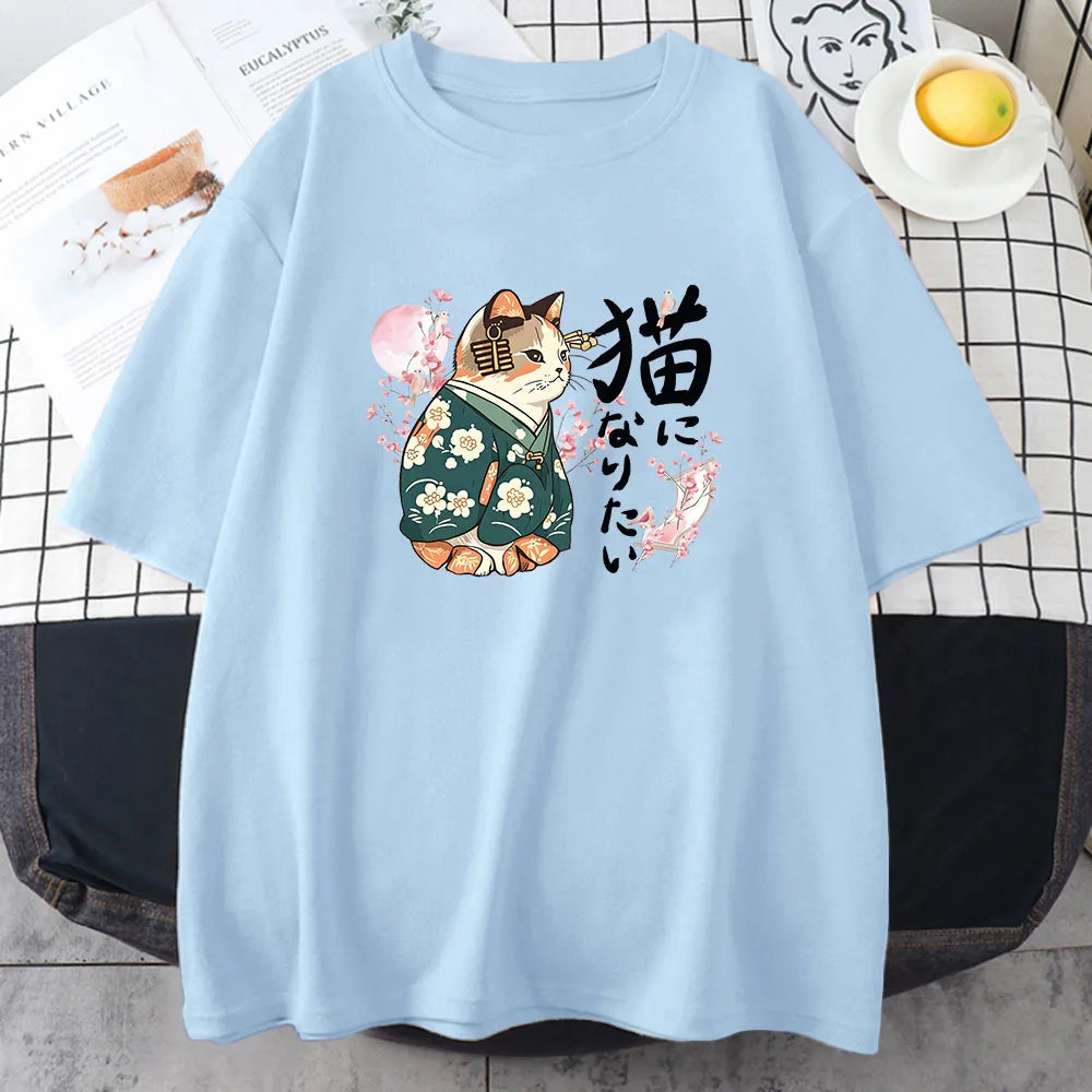 Ukiyo-e Kanji Cat T-Shirt – Sakura Pink | Japanese Style Cotton Tee for Girls (XS–XXL)