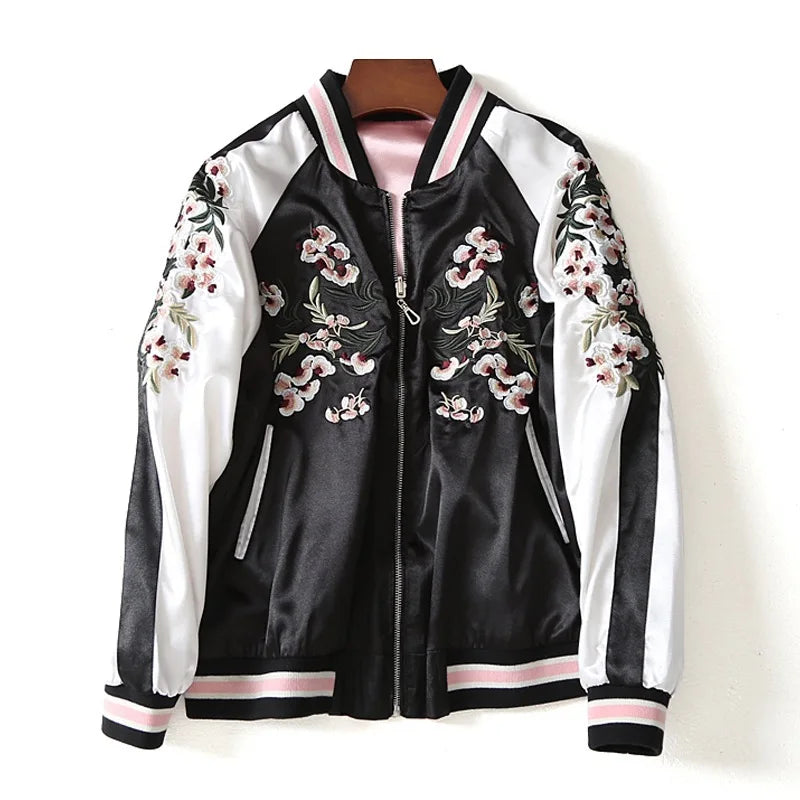 Women's Satin Sukajan Bomber Jacket – Double-Sided Embroidered Japanese Floral Harajuku Coat, Autumn Silk Baseball Jacket for Girls