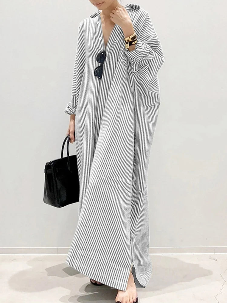 Boho stripe printed long sleeve sundress with lapel collar, cotton-poly blend, casual loose-fit design.