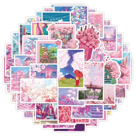 Kawaii Sakura Anime Sticker Pack (10pcs / 50pcs) – Japanese Cherry Blossom Aesthetic Laptop, Phone & Luggage Decals