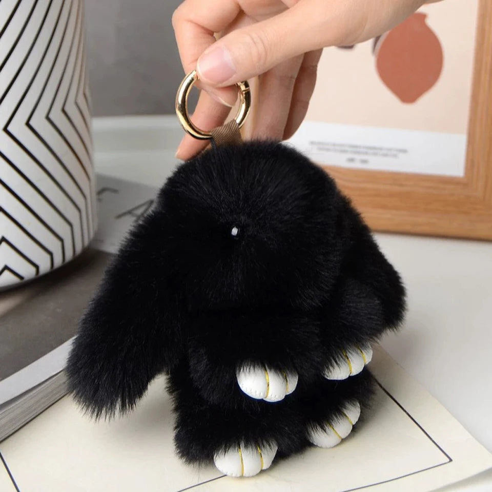 Fluffy rabbit fur pompon bunny keychain