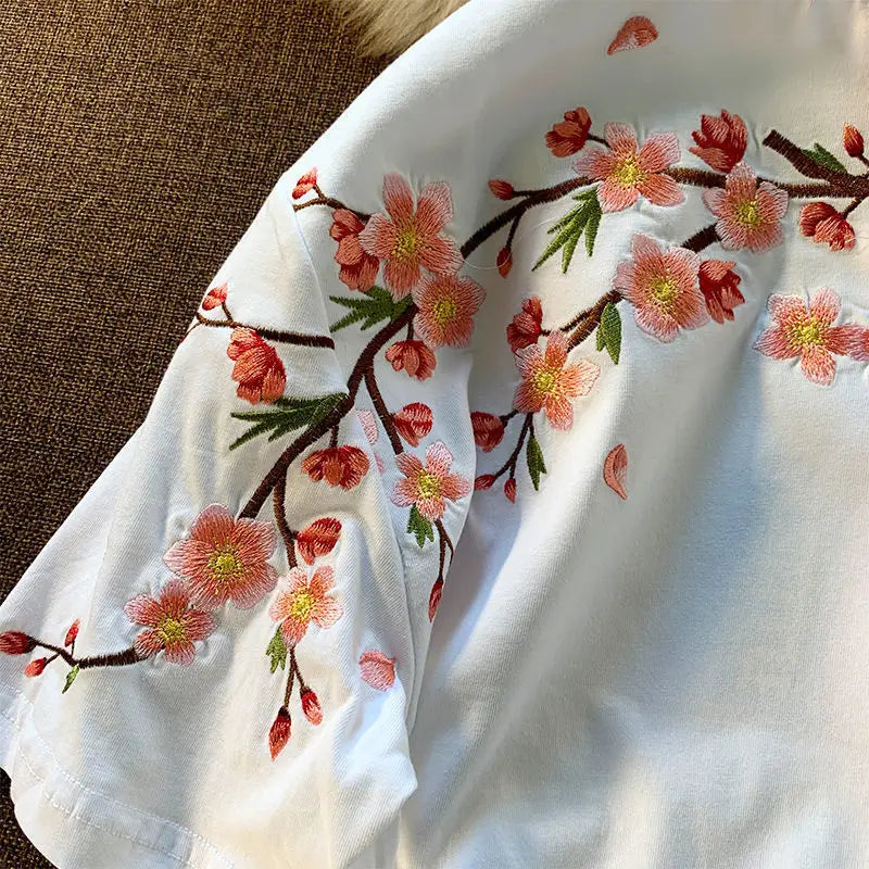 Aesthetic Japan Cherry Blossom Embroidery T-Shirt Women Girls | Sakura Cotton Loose Casual Summer Tee Top