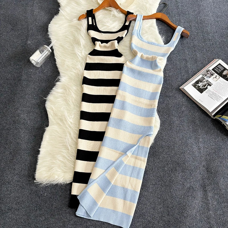 Stripe Summer Elastic Split Bodycon Dress – Sexy & Casual Beach Vacation Sundress for Women