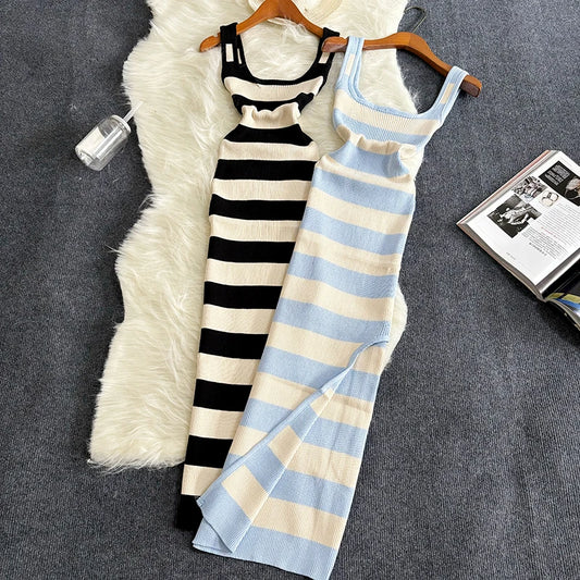 Stripe Summer Elastic Split Bodycon Dress – Sexy & Casual Beach Vacation Sundress for Women