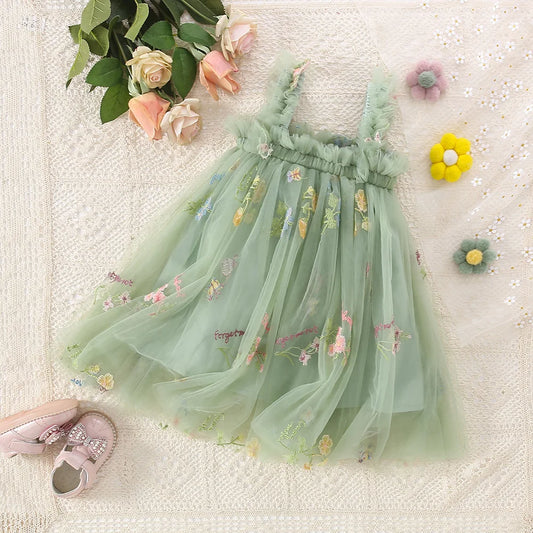 Fairy princess toddler girls tutu dress with mesh bow, fuffy tulle skirt, and embroidered flowers, summer party dress for baby girls