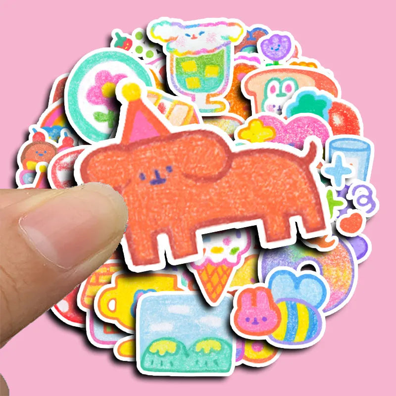 Kawaii crayon style food and animal sticker pack