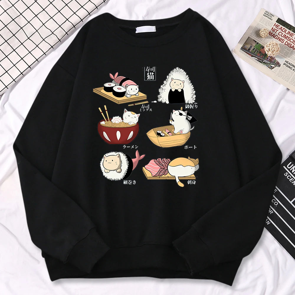 Kawaii Japanese food cat sweatshirt unisex ramen sushi onigiri print