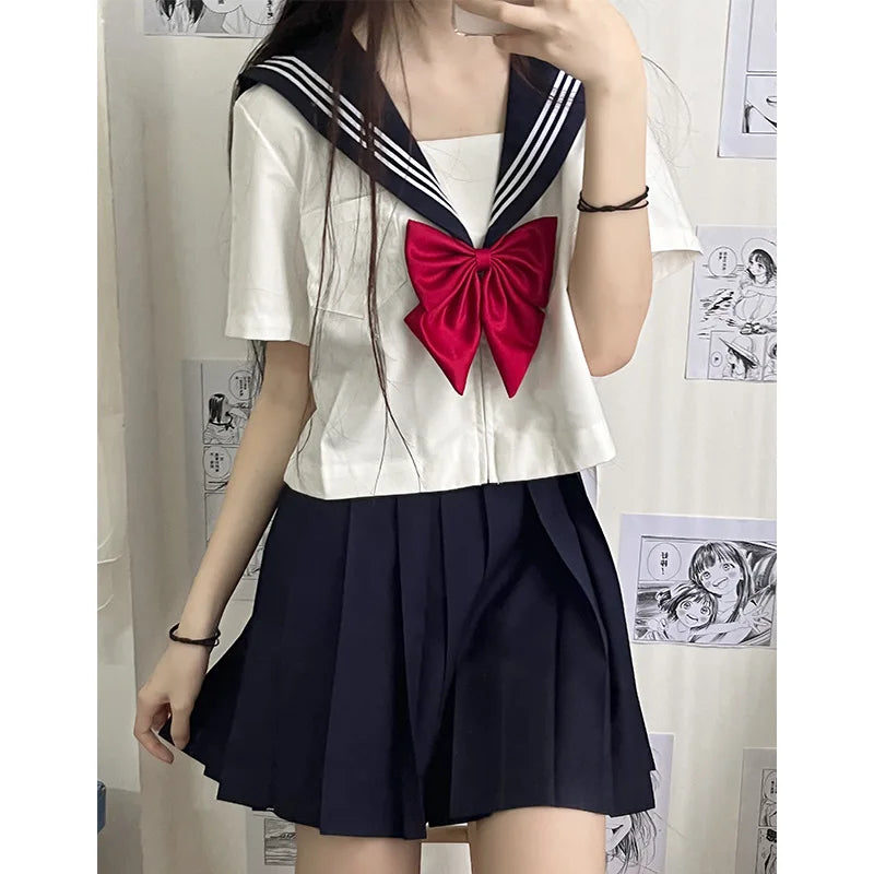 Japanese JK Sailor School Uniform – White & Red Tie Set