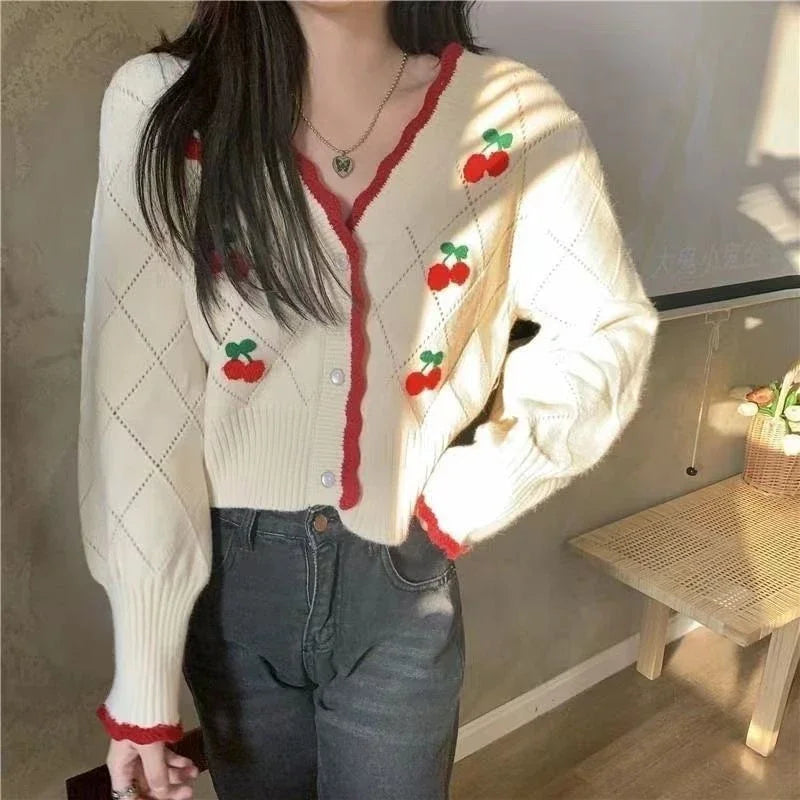 Women's cherry knit cardigan front view