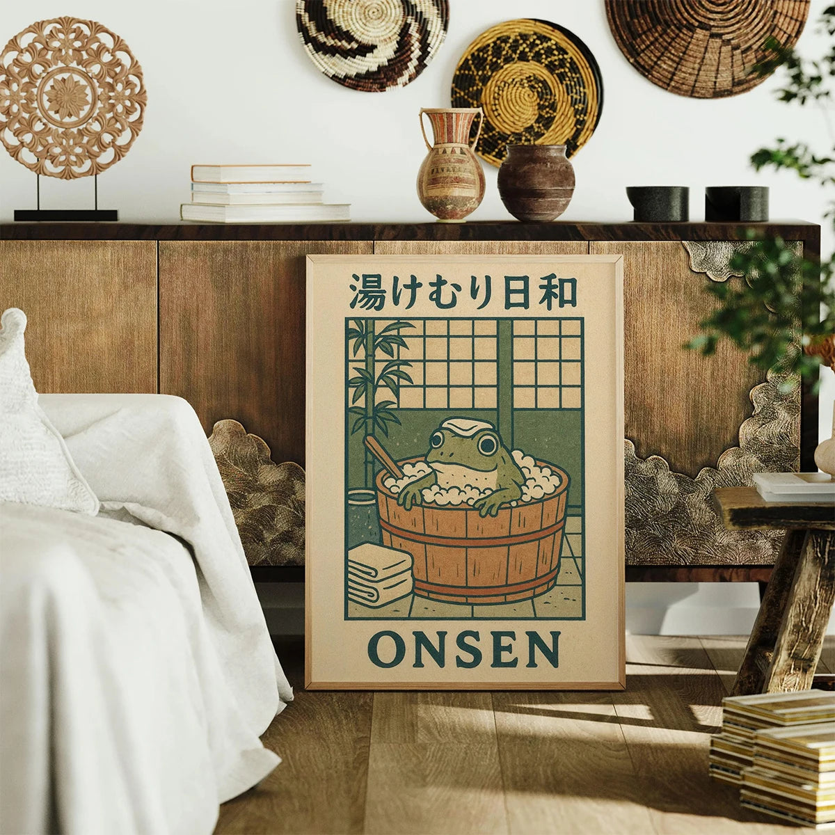 Japanese ONSEN frog in bathtub artwork with 湯けむり日和 text, retro Japandi bathroom wall art print, cute unframed canvas decor