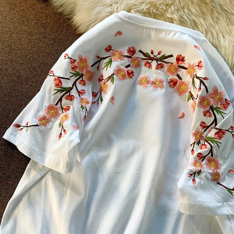 Cherry blossom flower embroidery detail on Japanese style casual cotton T-shirt