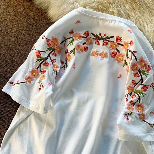Cherry blossom flower embroidery detail on Japanese style casual cotton T-shirt
