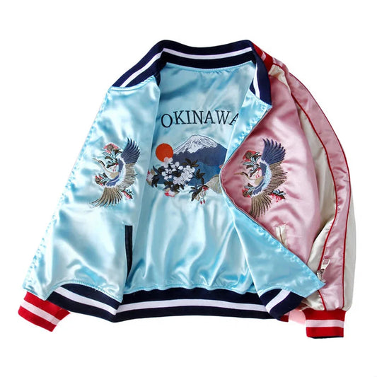 Pink side of double-sided satin Sukajan bomber jacket