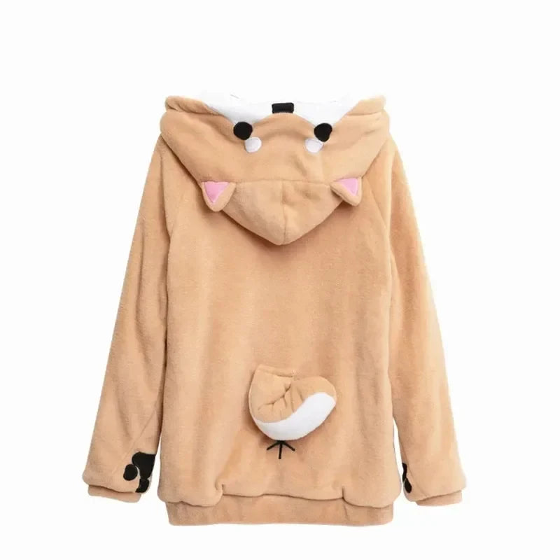 Kawaii Shiba Inu Velvet Hoodie for Women – Soft Plush Long-Sleeve Doge Sweatshirt | Japanese Streetwear Gift