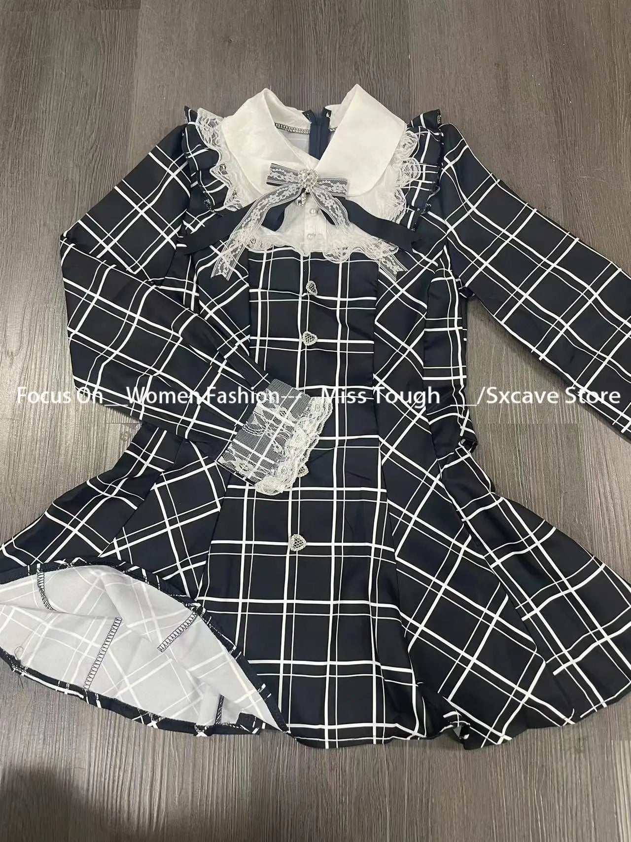 Harajuku Kawaii Black Plaid Dress for Women – Sweet Bow, Slim Fit, Long Sleeve Lolita Dress