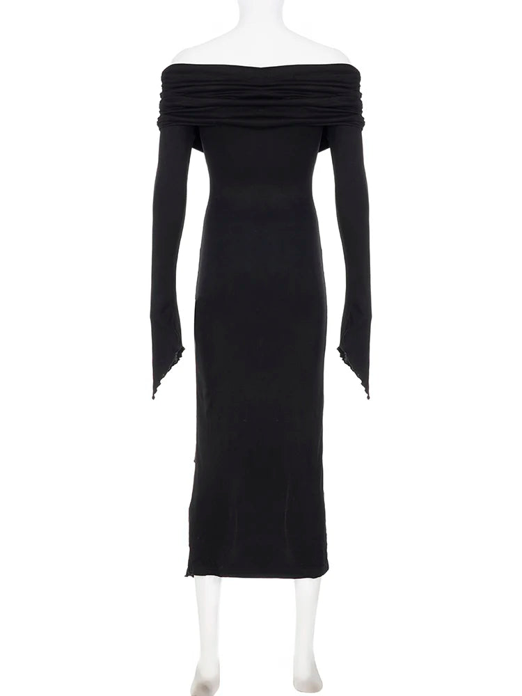 Midnight Siren Gothic Dress – Off-Shoulder Ruffle Slit Maxi