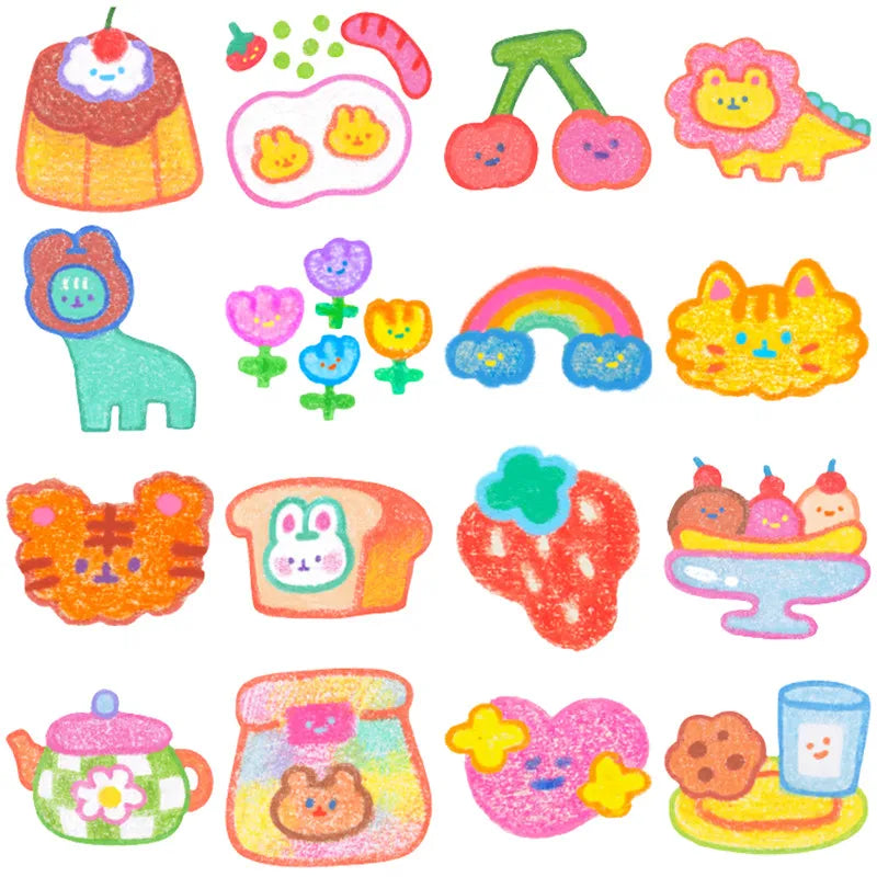 Kawaii crayon style food and animal sticker pack