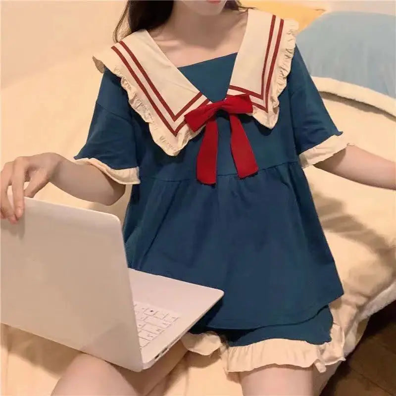 Kawaii School Uniform Style Pajama Set for Women – Cute Short Sleeve Two-Piece Cartoon PJ Homewear