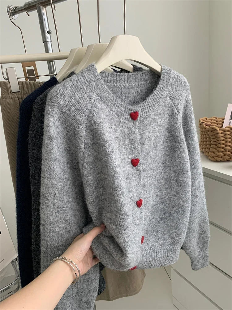Kawaii Wool Knitted Heart Cardigan for Women – Soft Cozy Button-Up Sweater